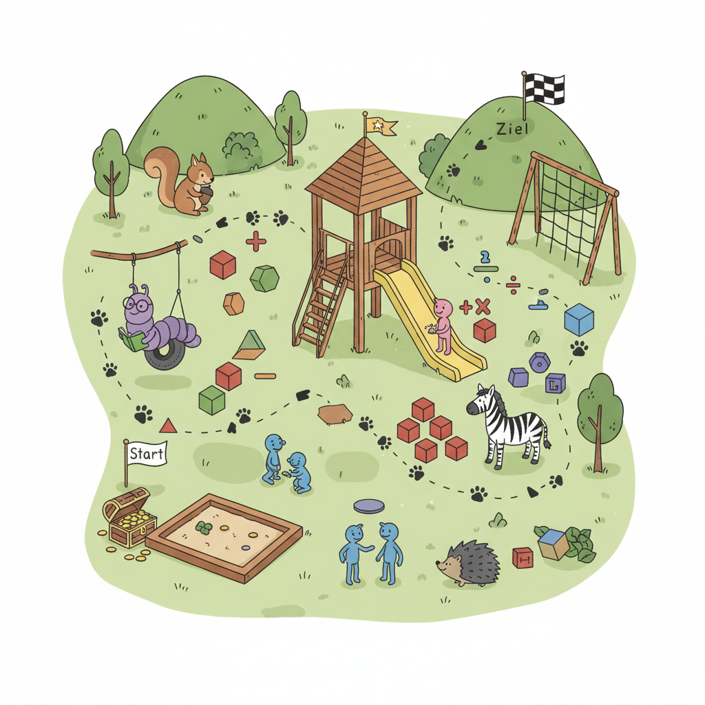 Mathematische Lesespurgeschichte „Trax und seine Freunde auf dem Abenteuerspielplatz“